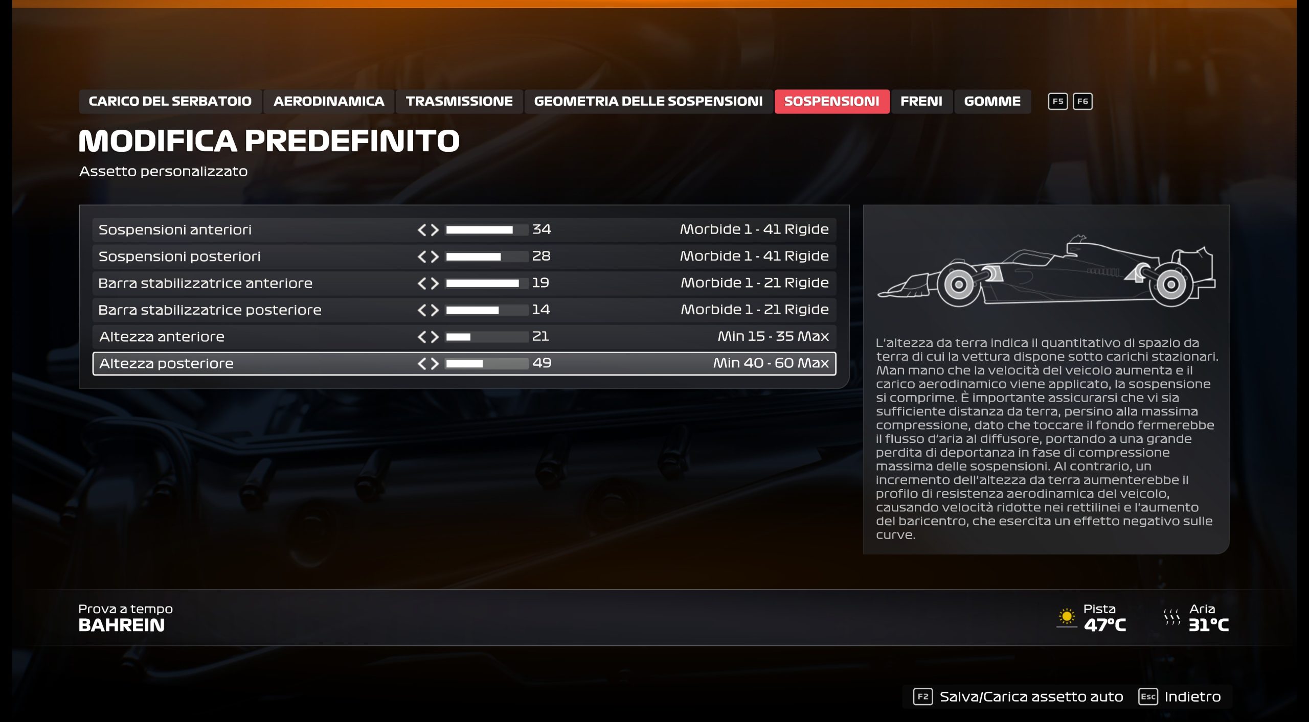Il menu del setup di F1 26, schermata delle sospensioni